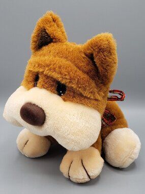 Vintage Plush Terrier Dog 9" Brown Cream with Plaid Bow Firm Unbranded Taiwan